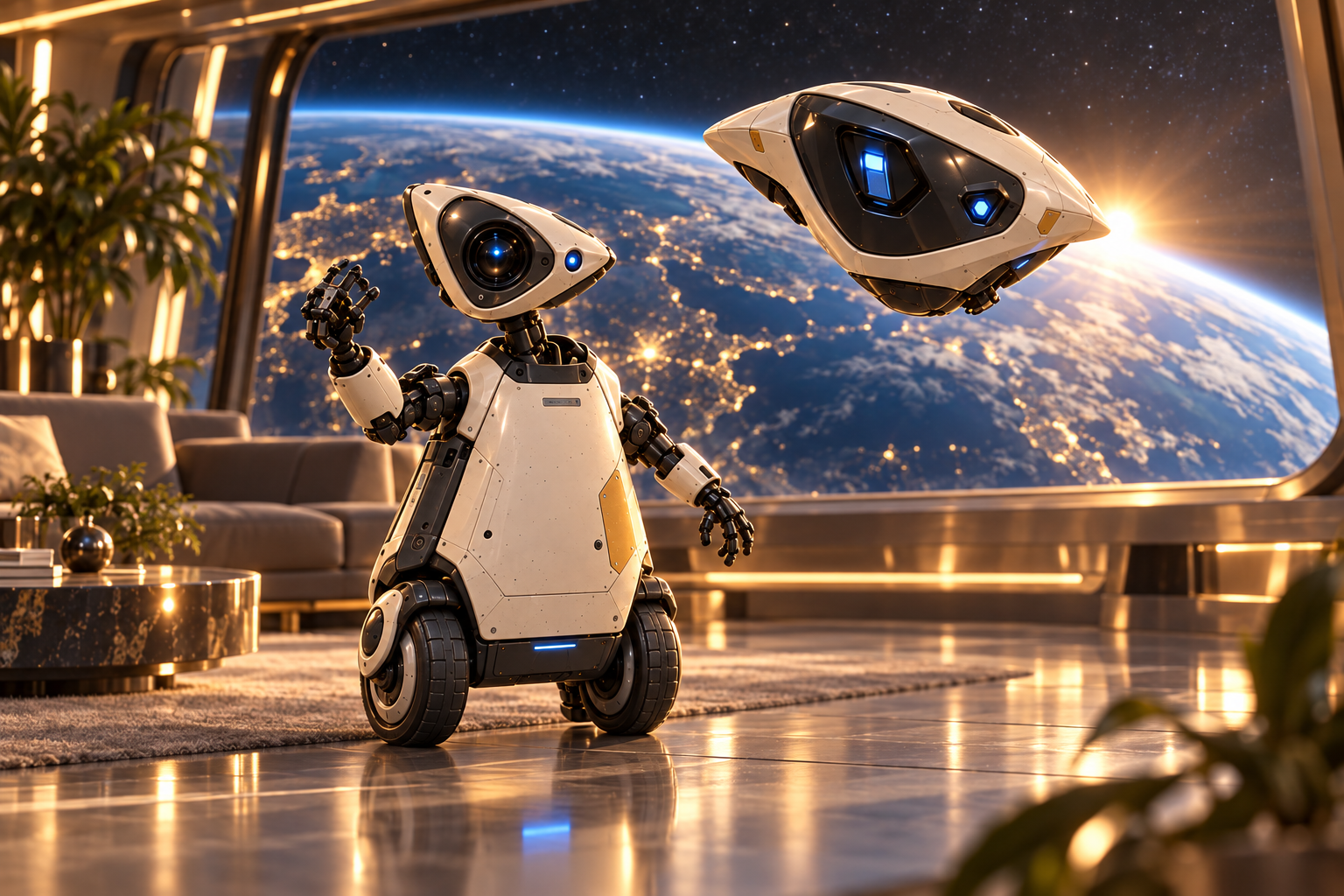 The small wheeled robot reaches toward its hovering companion in a warm observation lounge above Earth.